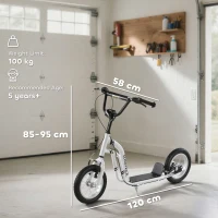 HOMCOM Monopattino con Manubrio Regolabile, Ruote Grandi, 2 Freni e Telaio in Metallo, per Bambini 5+ Anni, Max 100kg, 120x58x85-95cm, Bianco(m-3)