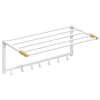 HOMCOM Portasciugamani a Parete Pieghevole con 5 Barre e 6 Ganci in Legno e Acciaio, 60x32.5x20 cm, Bianco(m-1)