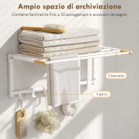 HOMCOM Portasciugamani a Parete Pieghevole con 5 Barre e 6 Ganci in Legno e Acciaio, 60x32.5x20 cm, Bianco(m-4)