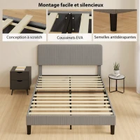 HOMCOM Cadre de lit 140 x 190 cm, sommier à lattes en bois, tête de lit réglable, lit double rembourré en velours côtelé, gris(m-6)