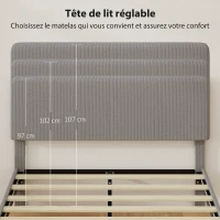 HOMCOM Cadre de lit 140 x 190 cm, sommier à lattes en bois, tête de lit réglable, lit double rembourré en velours côtelé, gris(m-4)