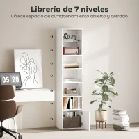 HOMCOM Librería de 7 Niveles Estantería para Libros Moderna con Estantes Abiertos y Puerta 40x30x180 cm Blanco(m-4)