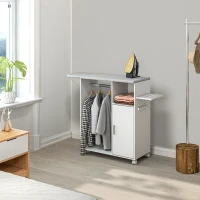 HOMCOM Armoire à repasser sur roulettes, table à repasser pliante, étagère réglable, barre de suspension, 127x42,5x99cm, blanc(m-10)