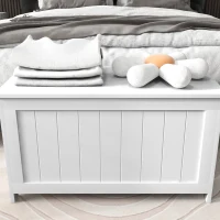 HOMCOM Coffre de rangement avec charnières de sécurité boîte de rangement en bois coffre à jouets avec couvercle rabattable 81L x 40l x 46H cm blanc(m-8)