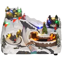 HOMCOM Animated Christmas Village with LED Lights and Music, Rotating Ice Skaters and Moving Train, Resin Tabletop Decoration, Multicolour(m-1)