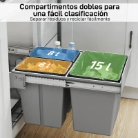 HOMCOM Cubo de Basura Extraíble bajo Fregadero con 3 Contenedores Capacidad Total 31L (15L+8Lx2) Fijación Inferior Gris Claro(m-5)