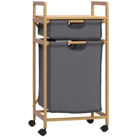 HOMCOM Kosz na bieliznę z 2 torbami z tkaniny, kolekcjonowaniem prania z kółkami, kosz na pranie z bambusa Drewno naturalne + Szary 42 x 35 x 84,5 cm(m-1)