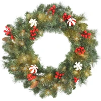 HOMCOM Couronne de Noël lumineuse 60 cm avec 50 LED, minuterie, 146 pointes, pommes de pin, baies, boules décoratives, vert(m-12)