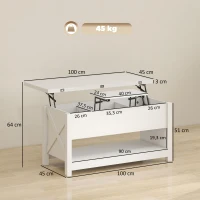 HOMCOM Mesa de Centro Elevable y Extensible con Compartimentos Ocultos Estante Abierto 100x90x64 cm Blanco(m-3)