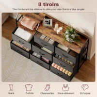 HOMCOM Commode, meuble de rangement avec station de recharge, 8 tiroirs en tissu, étagère ouverte, 130,5x30x88cm, marron(m-5)