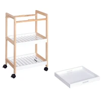 HOMCOM Chariot de service desserte de cuisine à roulettes 2 étagères + plateau amovible bois de pin MDF blanc(m-12)