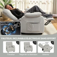 HOMCOM Fauteuil relax électrique fauteuil inclinable port USB repose-pieds poches latérales télécommande 96x90x103cm crème(m-4)