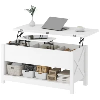 HOMCOM Mesa de Centro Elevatória e Extensível com Compartimentos Ocultos e Prateleira Aberta 100x90x64 cm Branco(m-11)