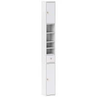 HOMCOM Colonna Bagno Salvaspazio con 2 Armadietti, 3 Ripiani Aperti e Cassetto, in Legno, 20x20x178 cm, Bianco(m-1)