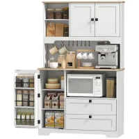 HOMCOM Armoire de cuisine avec 3 portes 2 tiroirs 3 étagères sur la porte 8 crochets large plan de travail blanc(m-1)