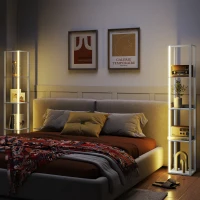 HOMCOM RGB LED Floor Lamp with Shelves, Modern Dimmable Standing Lamp with Remote Control, Adjustable Brightness & Speed for Living Room, Bedroom, Office, Oak(m-2)