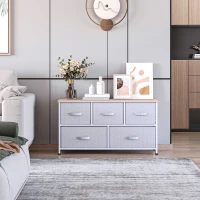 HOMCOM Commode meuble de rangement 100 x 30 x 54 cm 5 tiroirs non-tissés gris structure acier blanc bois clair(m-11)