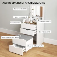HOMCOM Tavolo da Trucco 3 in 1 con Specchio, Vano, 2 Cassetti e Sgabello, in Legno, 50x40x78 cm, Bianco(m-5)