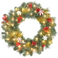 HOMCOM Couronne de Noël lumineuse 60 cm avec 50 LED, minuterie, 146 pointes, pommes de pin, baies, boules décoratives, vert(m-11)