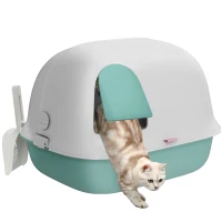 PawHut Cat Litter Box with Lid, Cat Litter Tray with Internal Channel, Door, Front Opening, Scoop, Easy Clean Hooded Cat Litter Box, Green(m-1)