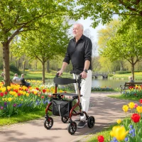 HOMCOM Deambulator cu Scaun și Spătar pentru Vârstnici Pliabil, Reglabil pe Înălțime, Suport pentru Baston, Roșu(m-2)