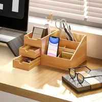 HOMCOM Boite de Rangement de Bureau - Organiseur de Bureau - 7 Compartiments, 2 tiroirs - Bambou Verni, Bambou(m-11)