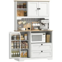 HOMCOM Pantry Cabinet with 3 Doors 2 Drawers 3 Door Shelves 8 Hooks Large Countertop White(m-6)