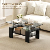 HOMCOM Măsuță de Cafea Modernă cu 2 Nivele din Lemn și Oțel cu Blat din Sticlă Securizată, 90x50x42 cm, Negru(m-4)