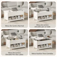 HOMCOM Mesa de Centro Elevable y Extensible con Compartimentos Ocultos Estante Abierto 100x90x64 cm Blanco(m-4)