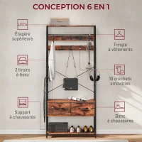 HOMCOM Meuble d'entrée 6 en 1 portemanteau tringle à vêtements étagère 2 tiroirs 10 crochet 80 x 30 x 180 cm brun rustique(m-4)