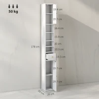 HOMCOM Colonna Bagno Salvaspazio con 2 Armadietti, 3 Ripiani Aperti e Cassetto, in Legno, 20x20x178 cm, Bianco(m-3)