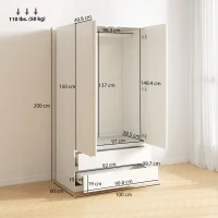 HOMCOM Dulap alb cu cuier pentru haine si 2 sertare glisante pentru dormitor din PAL, 100x60x200 cm(m-3)