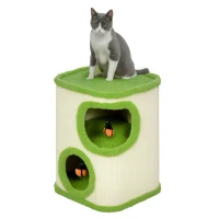 PawHut 52cm Cat Barrel Tower, 2 Story Cat Condo with Sisal Scratching Pad, Toy Ladybugs, Barrel Shaped Cat House Covered in Soft Plush, Green(m-1)