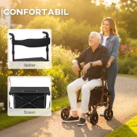 HOMCOM Deambulator cu Scaun și Spătar pentru Vârstnici Pliabil, Reglabil pe Înălțime, Suport pentru Baston, Roșu(m-5)