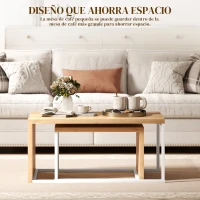 HOMCOM Juego de 2 Mesas de Centro Mesa Nido Moderna Marco de Metal para Salón 90x48x42 cm y 59x42x36 cm Natural y Blanco(m-7)