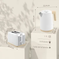 HOMCOM Ensemble bouilloire et grille-pain, 1,7L, 2200W, grille-pain 2 tranches avec 7 niveaux de brunissage, blanc(m-3)