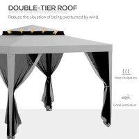 Outsunny 3 x 3 m Gazebo, Netting Party Tent, Patio Canopy Outdoor Event Shelter with Double Tier Roof, Light Grey(m-4)