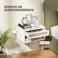 HOMCOM Juego de Mesitas de Noche Flotantes con Cajón de Ratán y Estante Abierto para Dormitorio 40x34x23cm Blanco(m-6)
