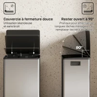 HOMCOM Poubelle cuisine 50L, poubelle à pédale, seau intérieur amovible, couvercle à fermeture douce, 41,7x36,6x62cm, argent(m-5)