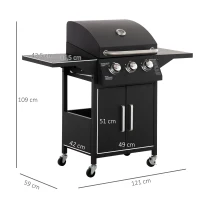 Outsunny Barbecue a Gás com 3 Queimadores Termómetro 2 Prateleiras Laterais Armário 4 Rodas e Travão 121x55x109 cm Preto(m-3)