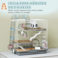 PawHut Jaula para Hámster con Túnel Plataformas Cuenco Bebedero Casita Rampas y Rueda de Ejercicio 45x30x45 cm Gris(m-4)