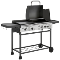 Outsunny Barbecue a Gas con Piastra e Fornello, Coperchio con Termometro e Ripiani, Regolatore e Tubo Inclusi, Nero