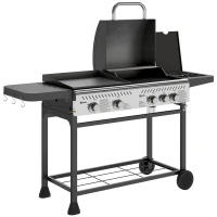 Outsunny Barbecue a Gas con Piastra e Fornello, Coperchio con Termometro e Ripiani, Regolatore e Tubo Inclusi, Nero(m-1)