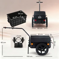 HOMCOM Lastenanhänger, Fahrradanhänger, abnehmbarer Korb, Universalkupplung, bis 40 kg, Stahl, schwarz, 144 x 59 x 80cm(m-3)
