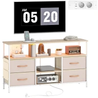 HOMCOM Mueble de TV con Luz LED y Enchufes Puertos USB Estantes Abiertos 4 Cajones plegables 120x30x67,5 cm Beige y Blanco(m-10)