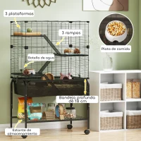 PawHut Jaula para Animales Pequeños de 4 Niveles con Ruedas Bandeja Profunda Rampas Plataformas y Comedero 73x47x123 cm Negro(m-5)