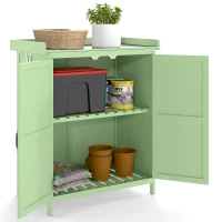 Outsunny Wooden Garden Shed, Garden Tool Storage Shed with Hinged Roof and Shelf, Outdoor Storage Cabinet with Double Doors, Light Green(m-10)