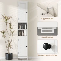 HOMCOM Hoher schlanker Badezimmerschrank mit Türen, offene Regale, 30 x 30 x 170 cm, Weiß(m-6)