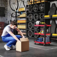 HOMCOM Carro de Herramientas con 3 Estantes Ruedas y Asas para Garaje Mecánico Hogar Carga 120 kg Rojo y Negro(m-7)