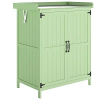 Outsunny Wooden Garden Shed, Garden Tool Storage Shed with Hinged Roof and Shelf, Outdoor Storage Cabinet with Double Doors, Light Green(m-1)